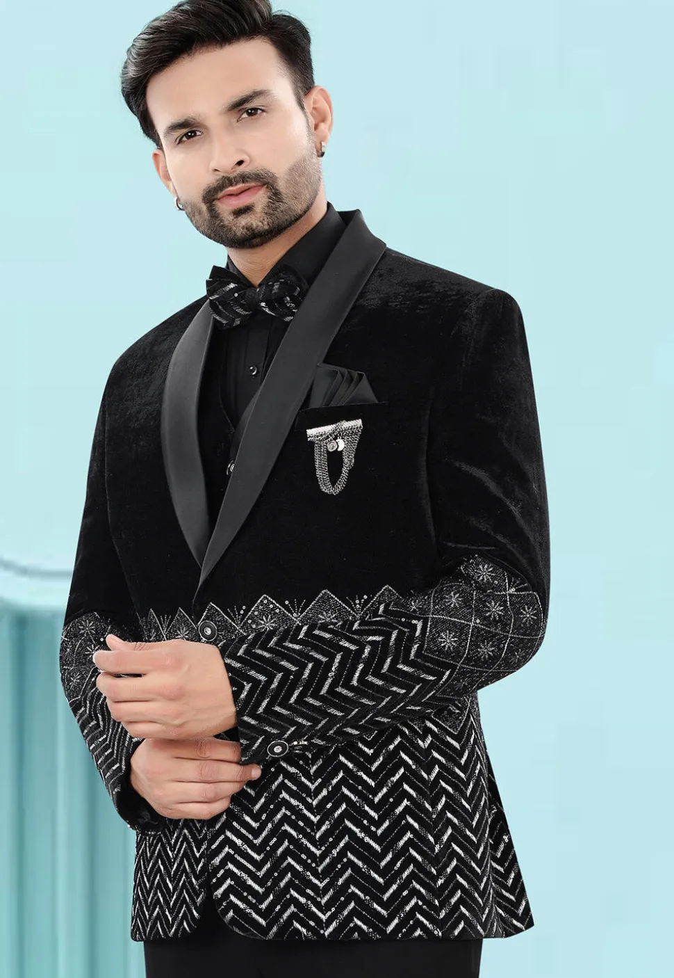 Embroidered Velvet Blazer in Black