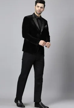Embroidered Velvet Blazer Set in Black
