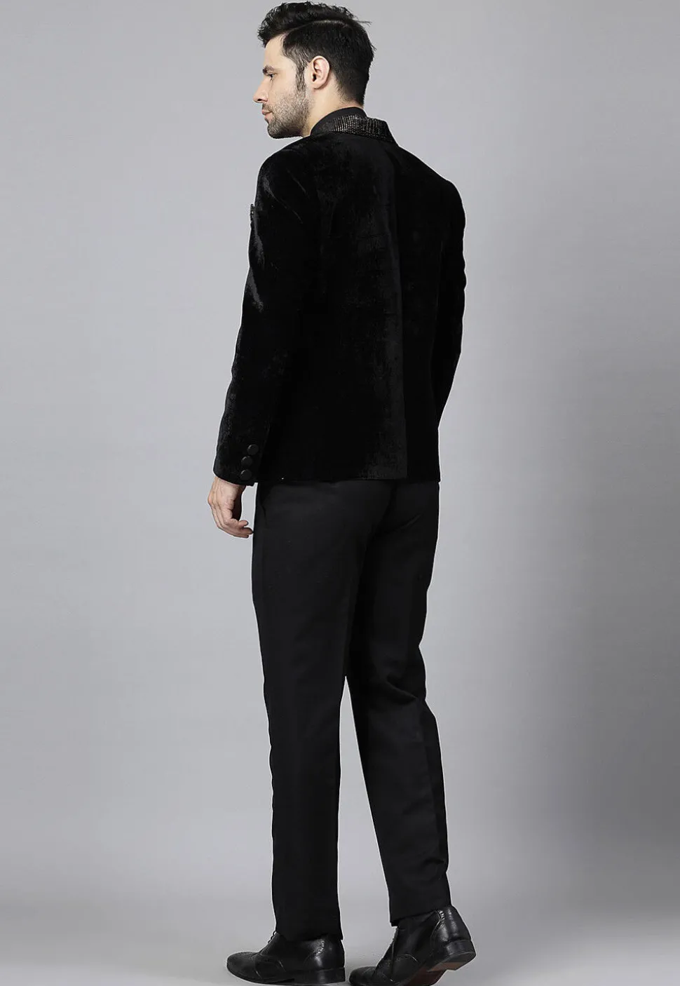 Embroidered Velvet Blazer Set in Black