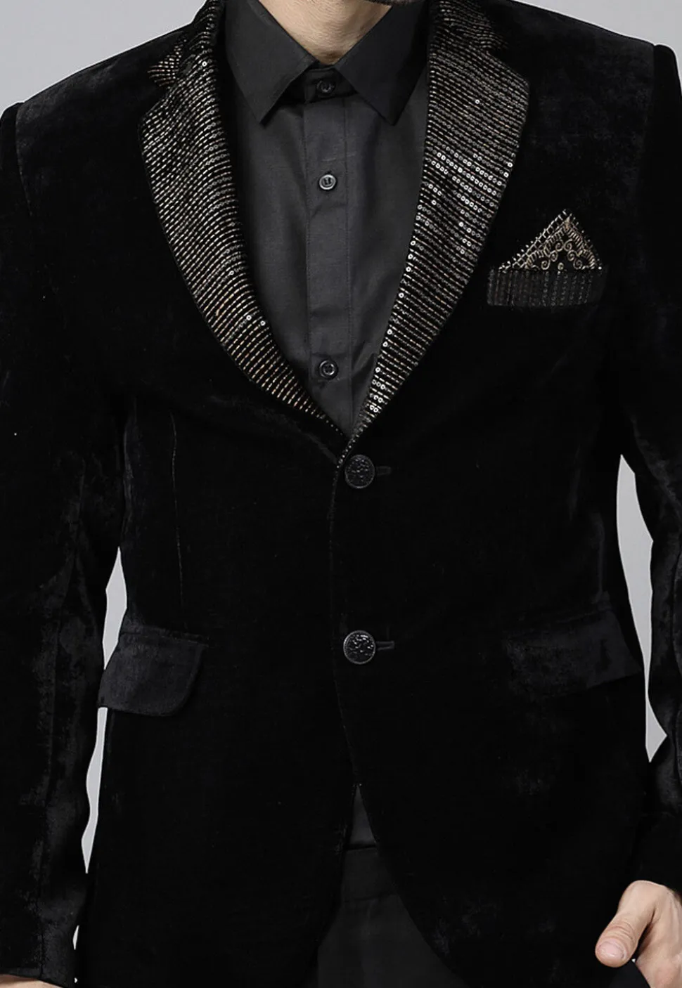 Embroidered Velvet Blazer Set in Black