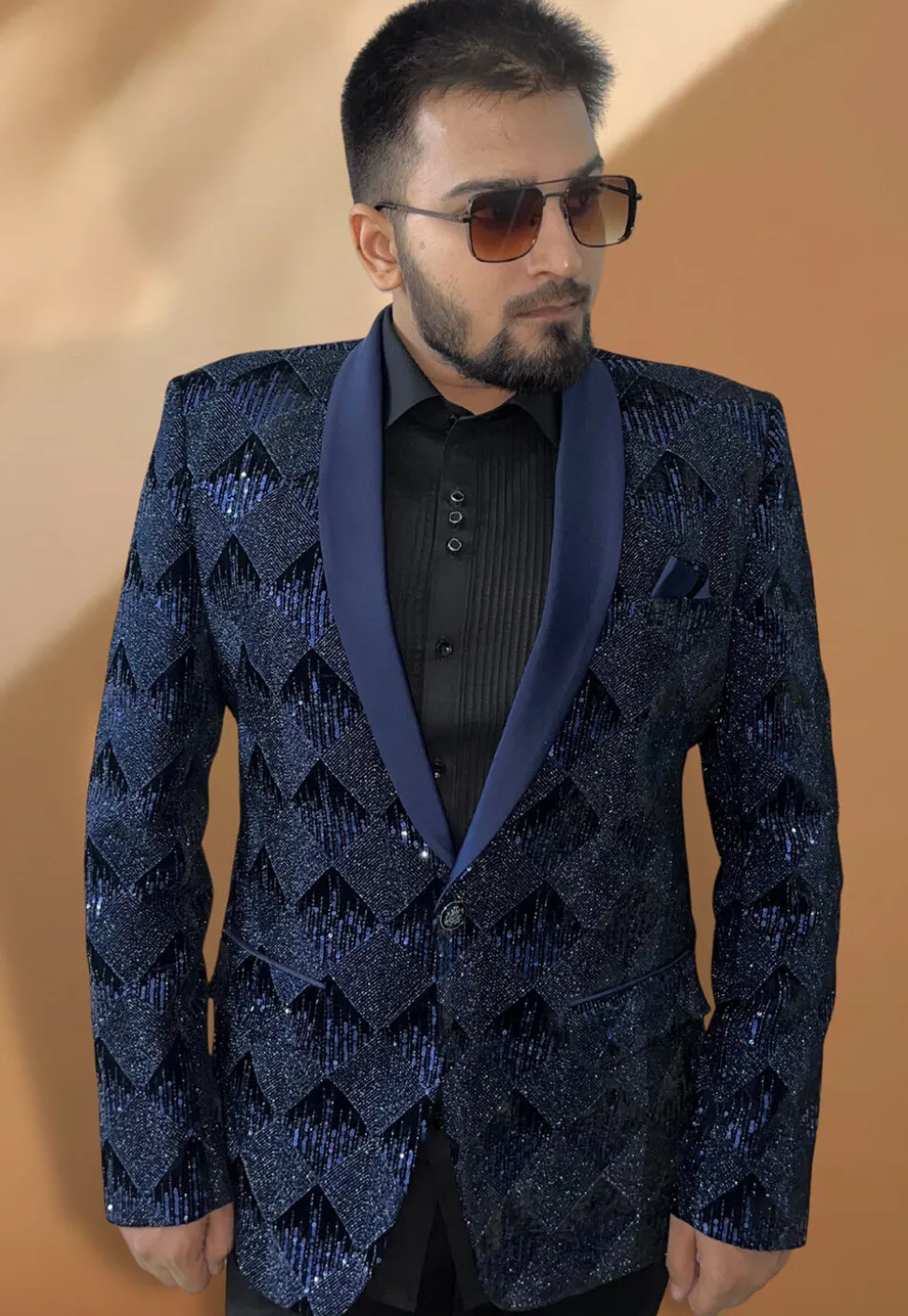 Embroidered Velvet Blazer in Navy Blue