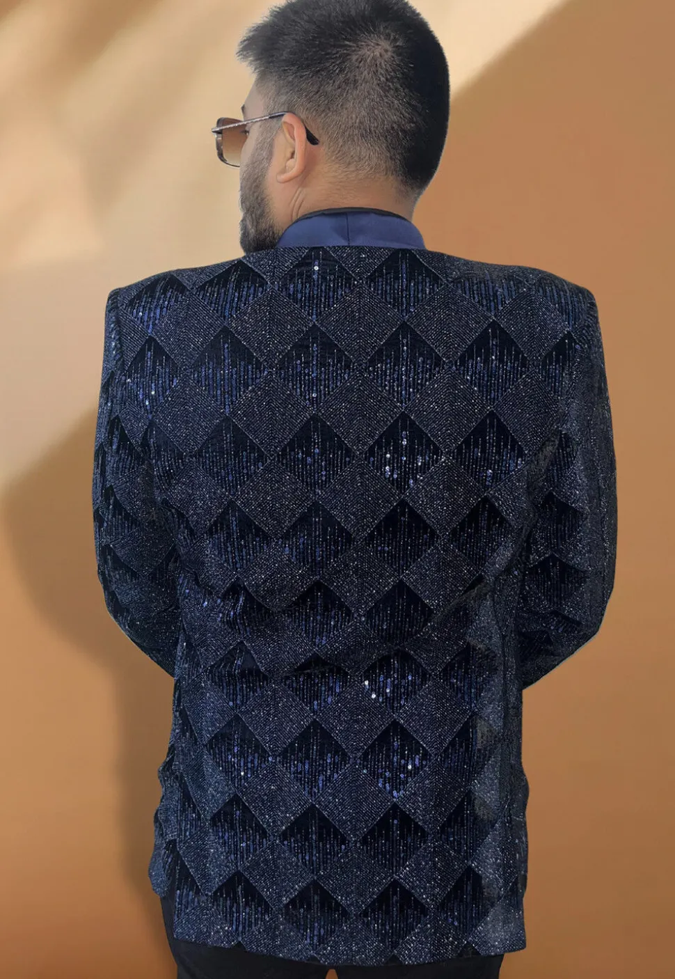 Embroidered Velvet Blazer in Navy Blue