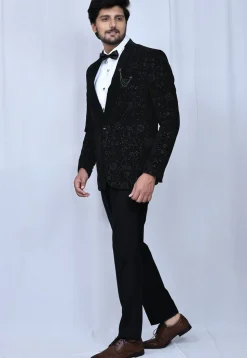 Embroidered Velvet Blazer Set in Black