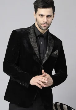 Embroidered Velvet Blazer in Black