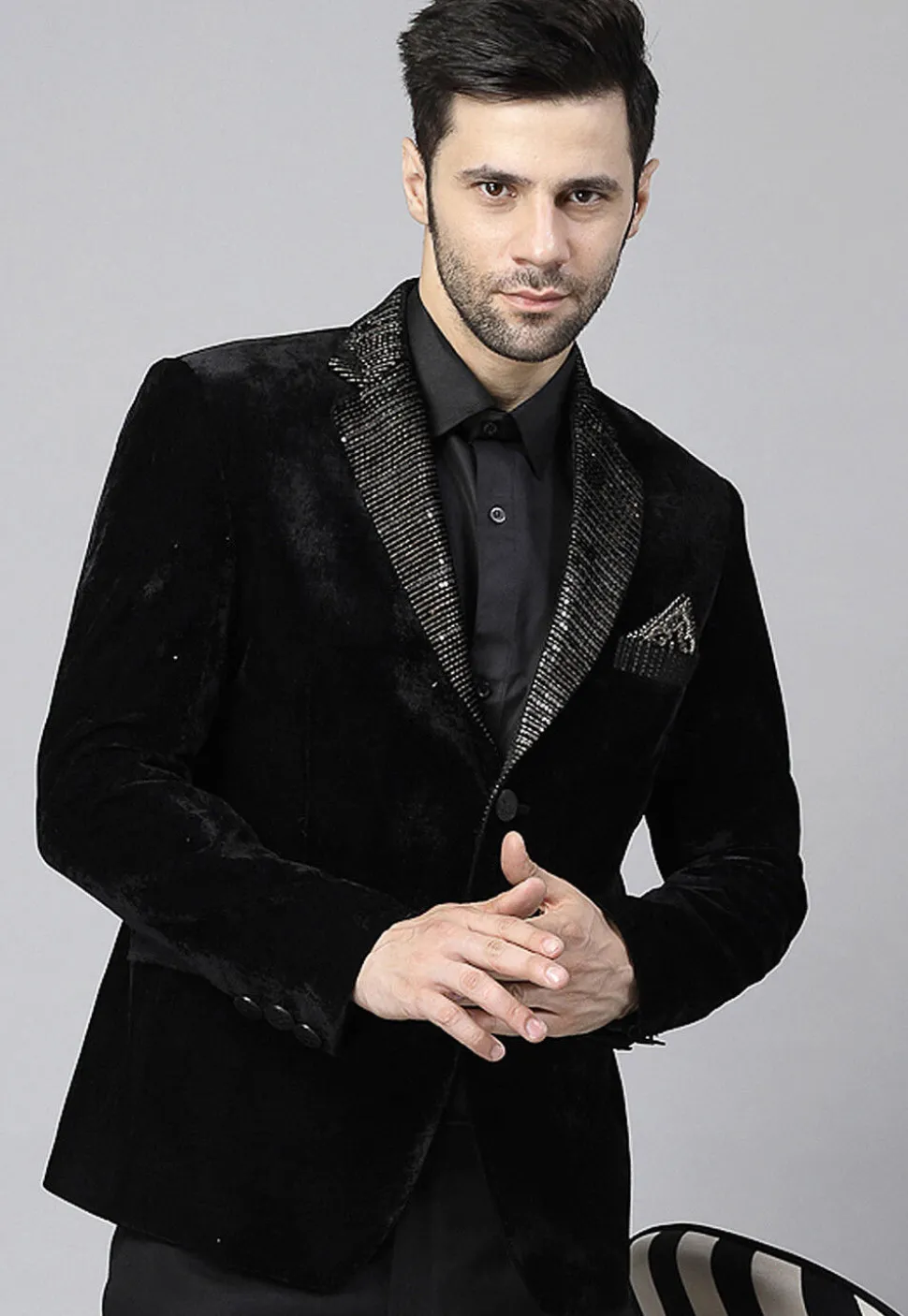Embroidered Velvet Blazer in Black