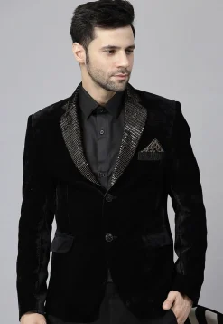 Embroidered Velvet Blazer in Black