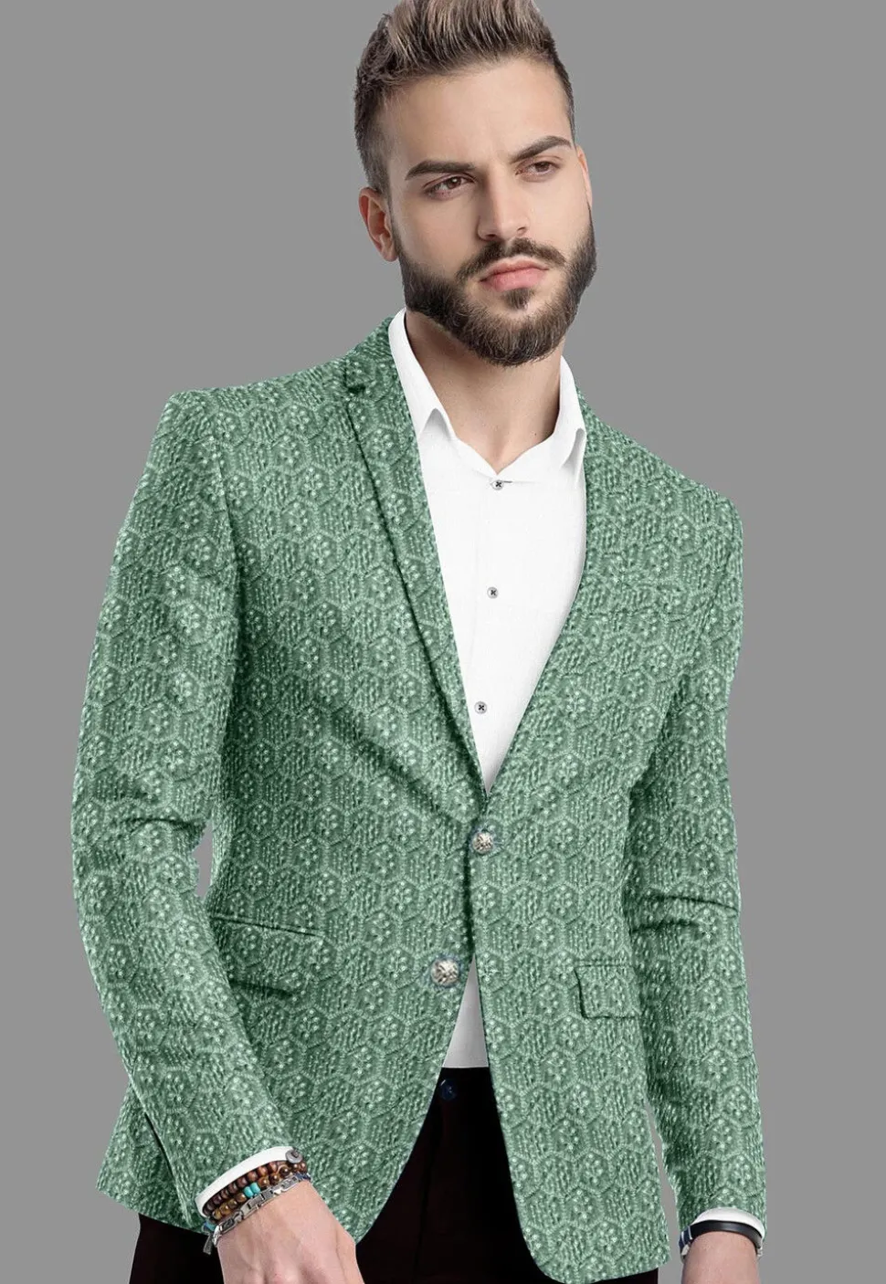 Embroidered Velvet Blazer in Pastel Green
