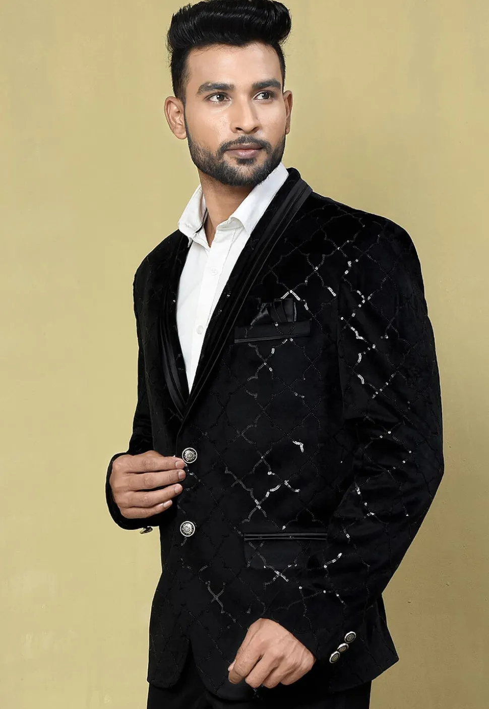 Embroidered Velvet Blazer in Black