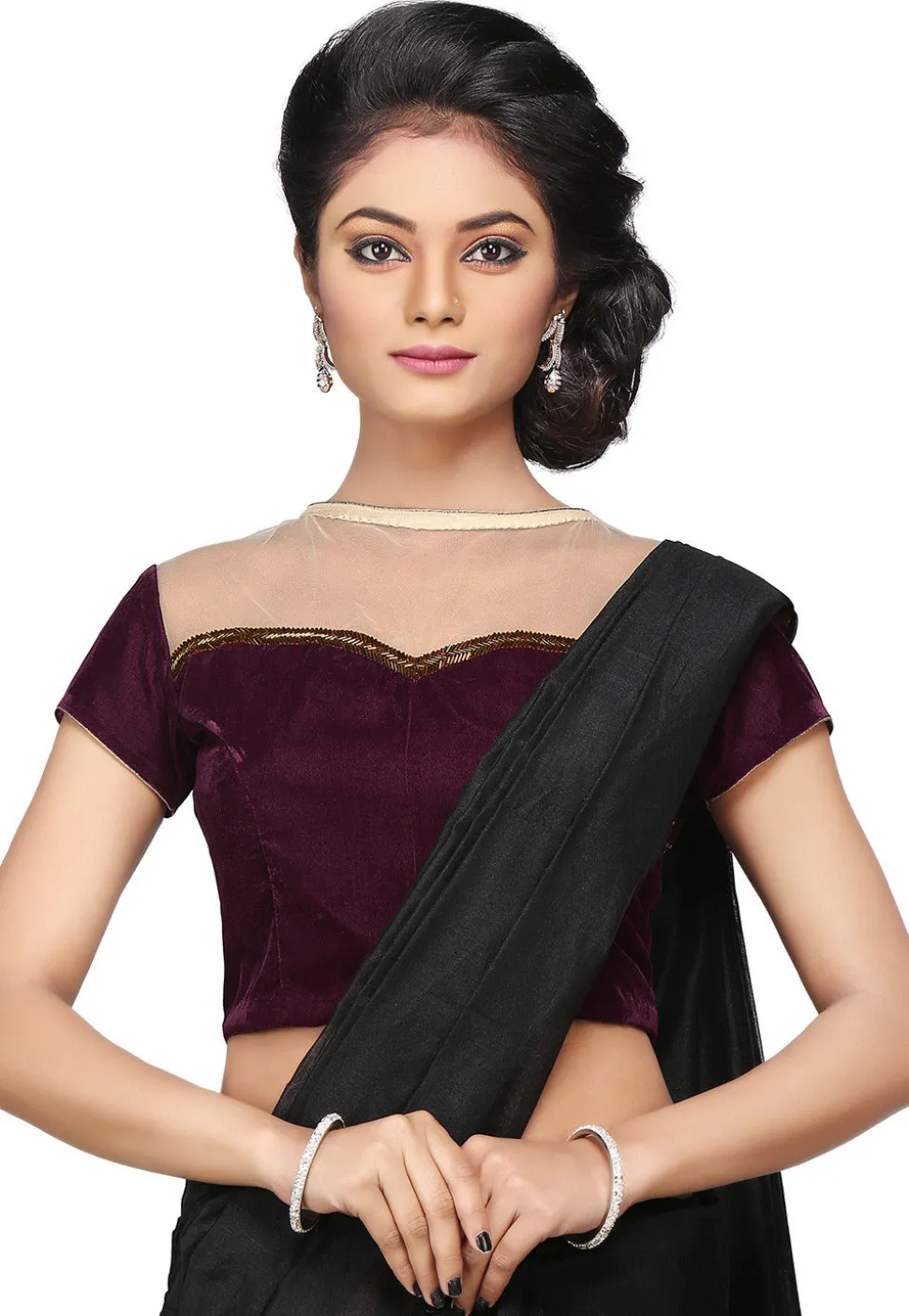 Embroidered Velvet Blouse in Wine