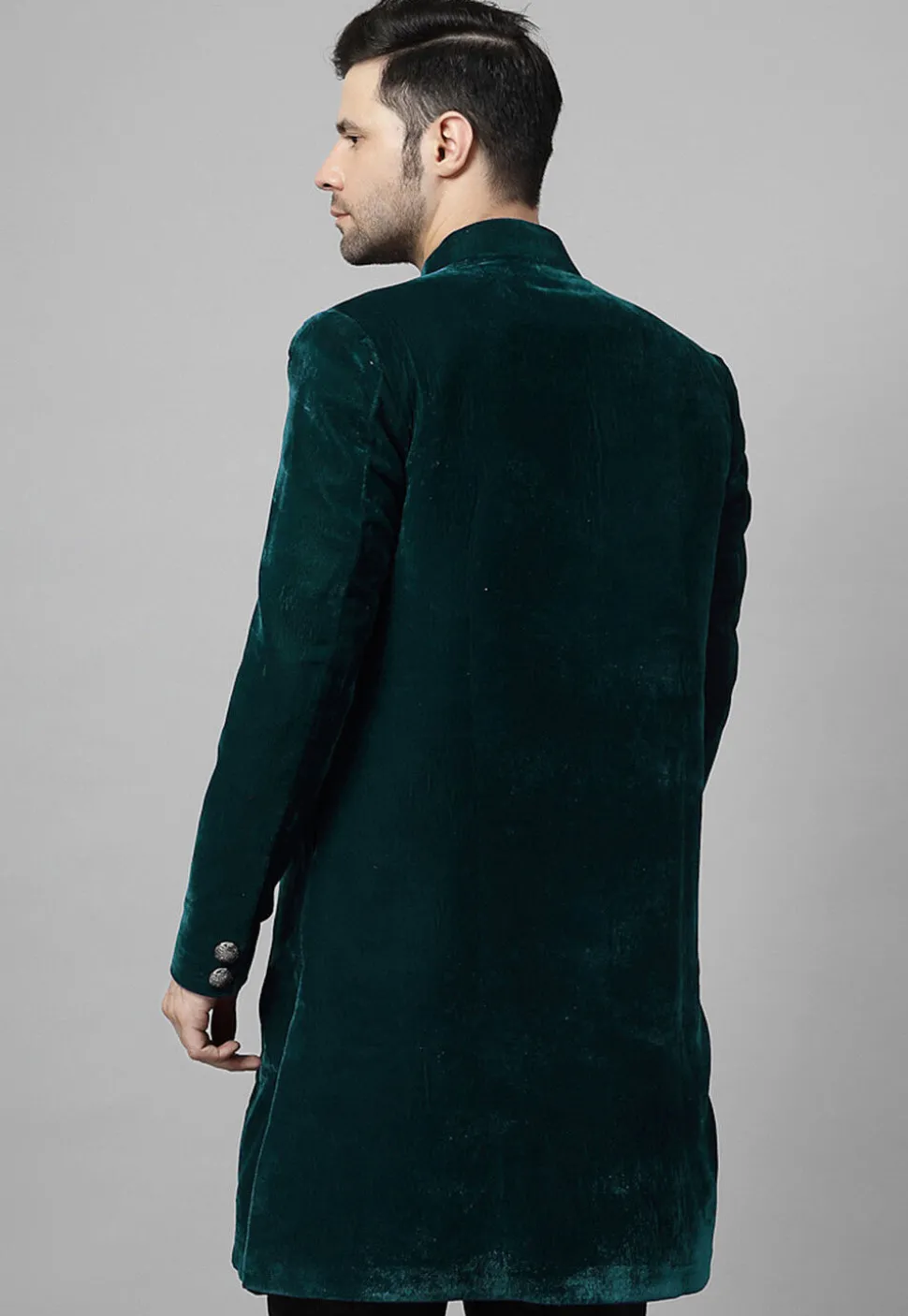 Embroidered Velvet Coat in Teal Green
