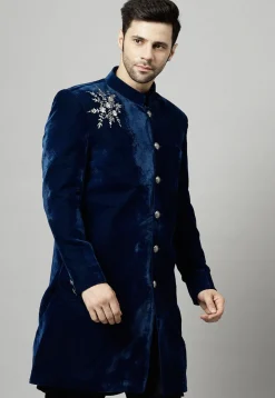 Embroidered Velvet Coat in Teal Blue