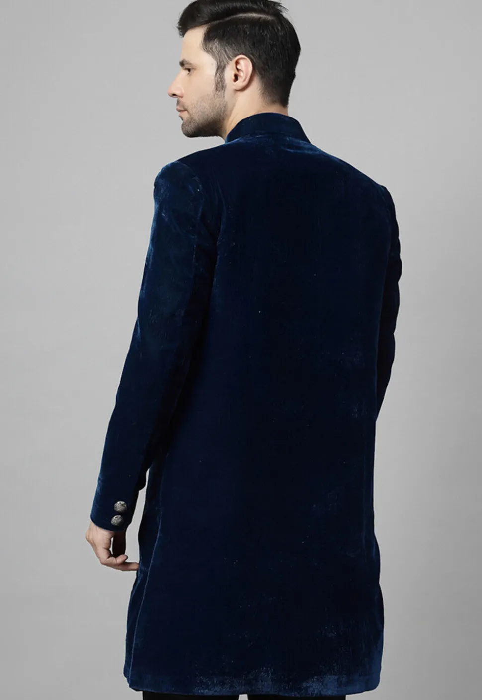 Embroidered Velvet Coat in Teal Blue