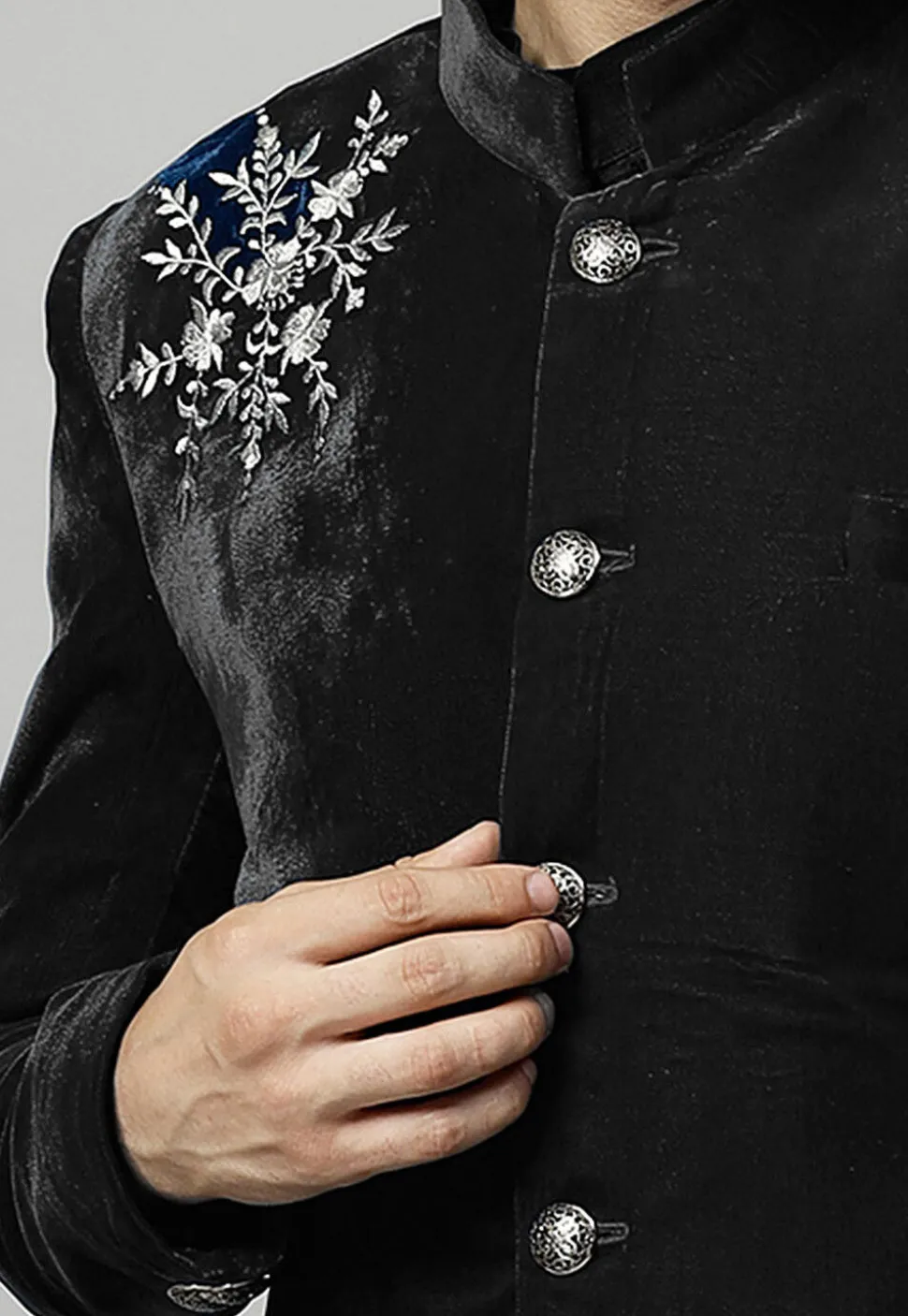 Embroidered Velvet Coat in Black