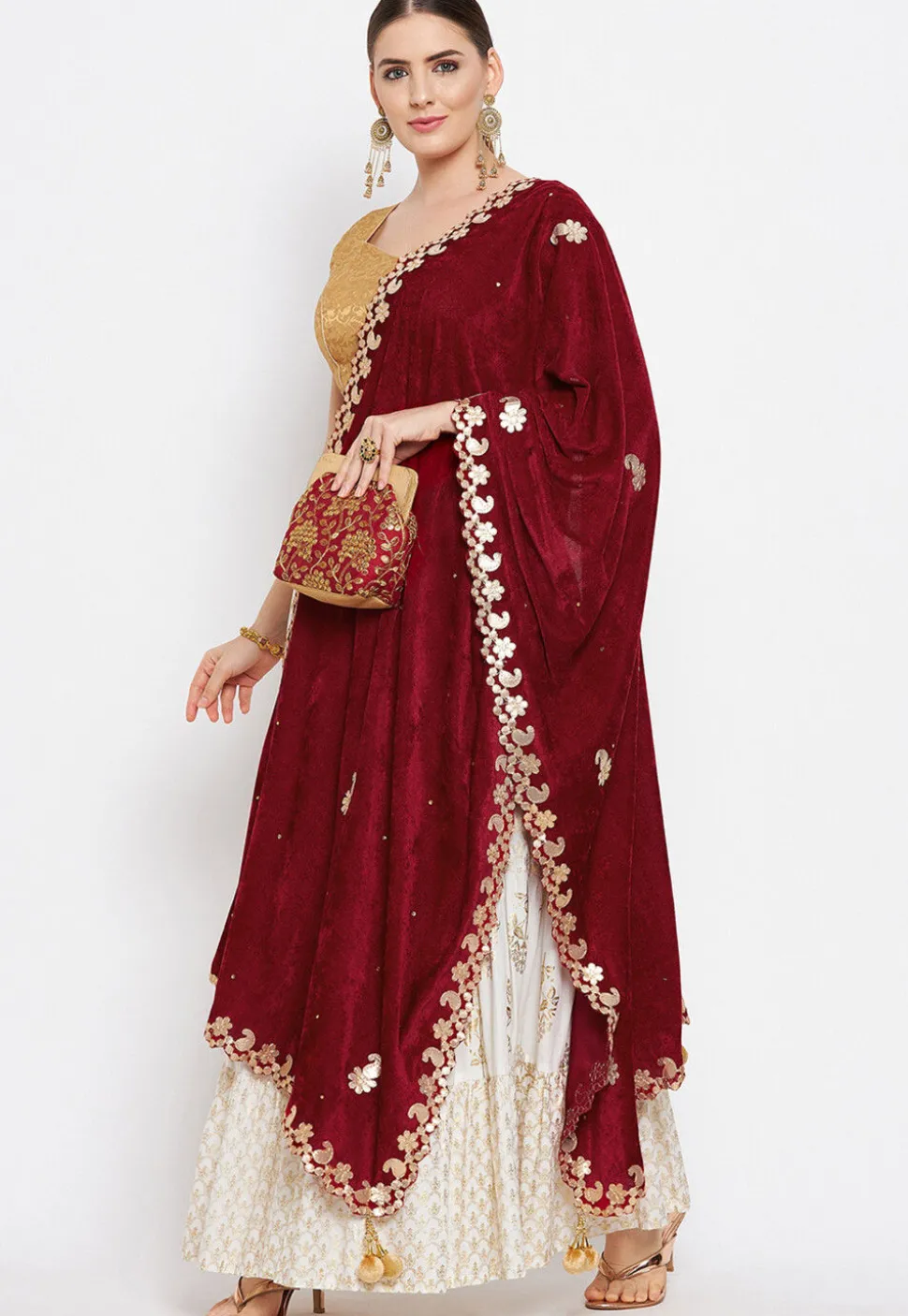 Embroidered Velvet Dupatta in Maroon