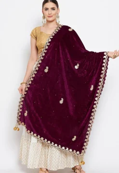 Embroidered Velvet Dupatta in Violet