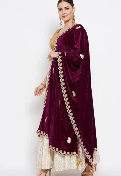 Embroidered Velvet Dupatta in Violet