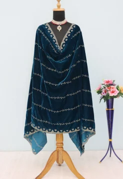 Embroidered Velvet Dupatta in Teal Blue