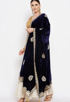 Embroidered Velvet Dupatta in Navy Blue