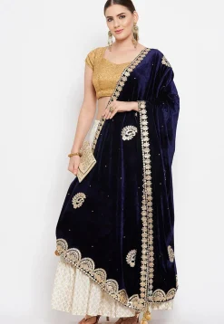 Embroidered Velvet Dupatta in Navy Blue