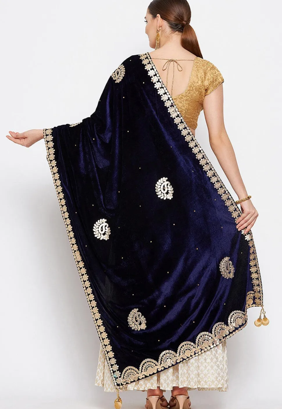Embroidered Velvet Dupatta in Navy Blue