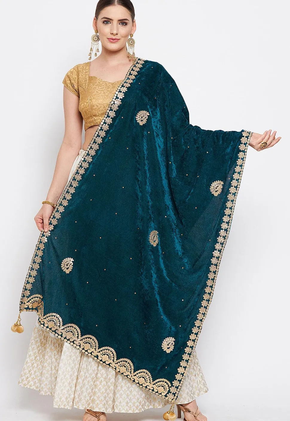 Embroidered Velvet Dupatta in Dark Teal Blue