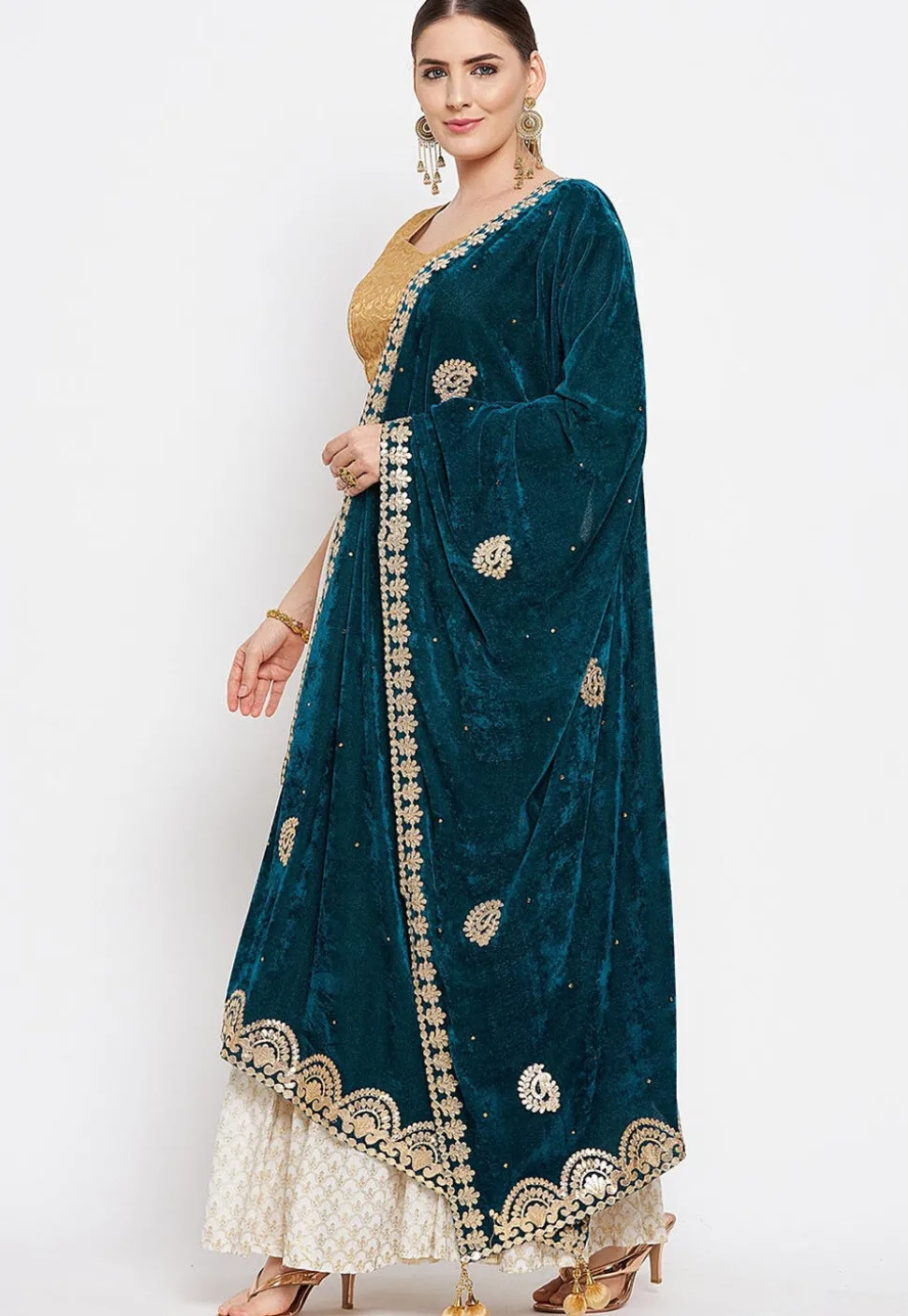 Embroidered Velvet Dupatta in Dark Teal Blue