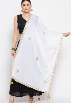 Embroidered Velvet Dupatta in White