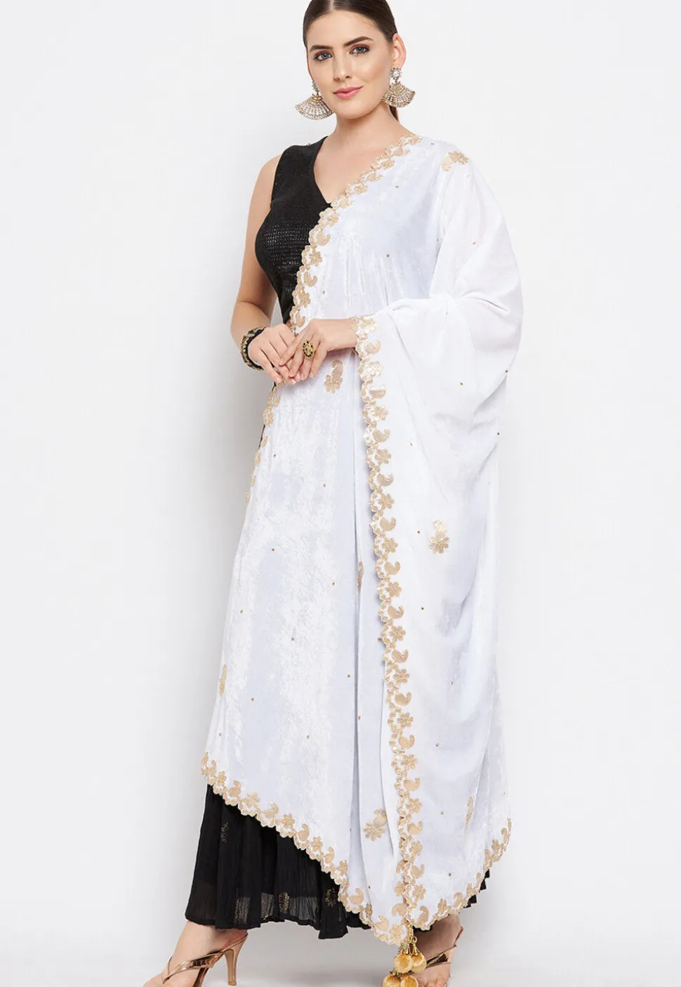 Embroidered Velvet Dupatta in White