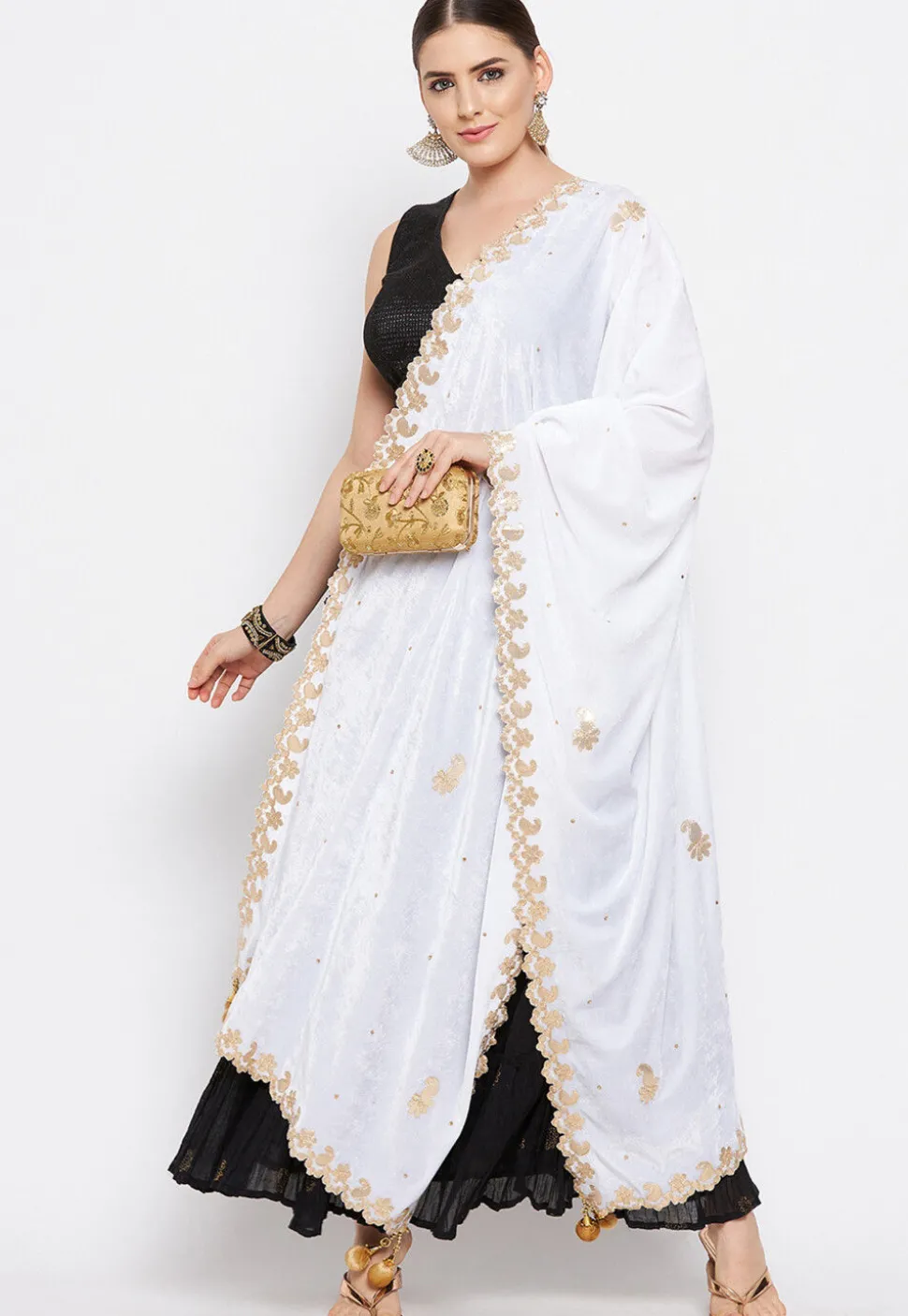 Embroidered Velvet Dupatta in White
