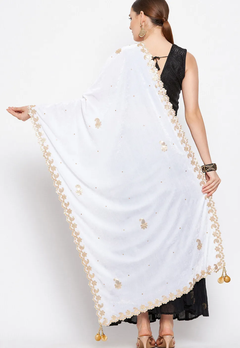 Embroidered Velvet Dupatta in White