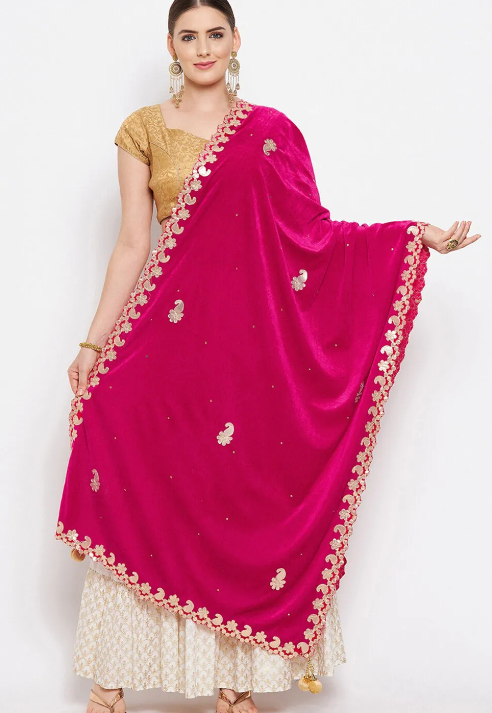 Embroidered Velvet Dupatta in Fuchsia
