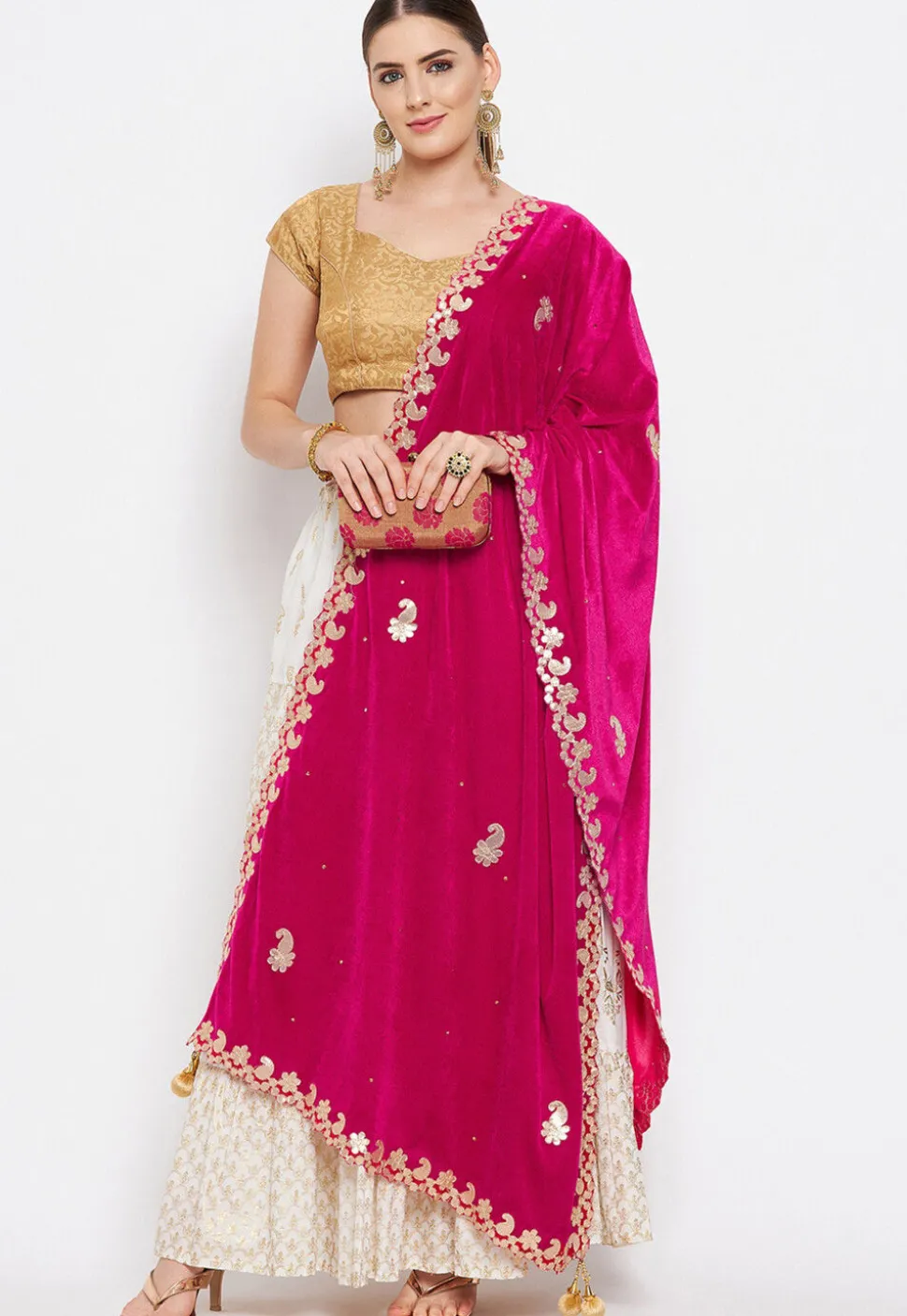 Embroidered Velvet Dupatta in Fuchsia