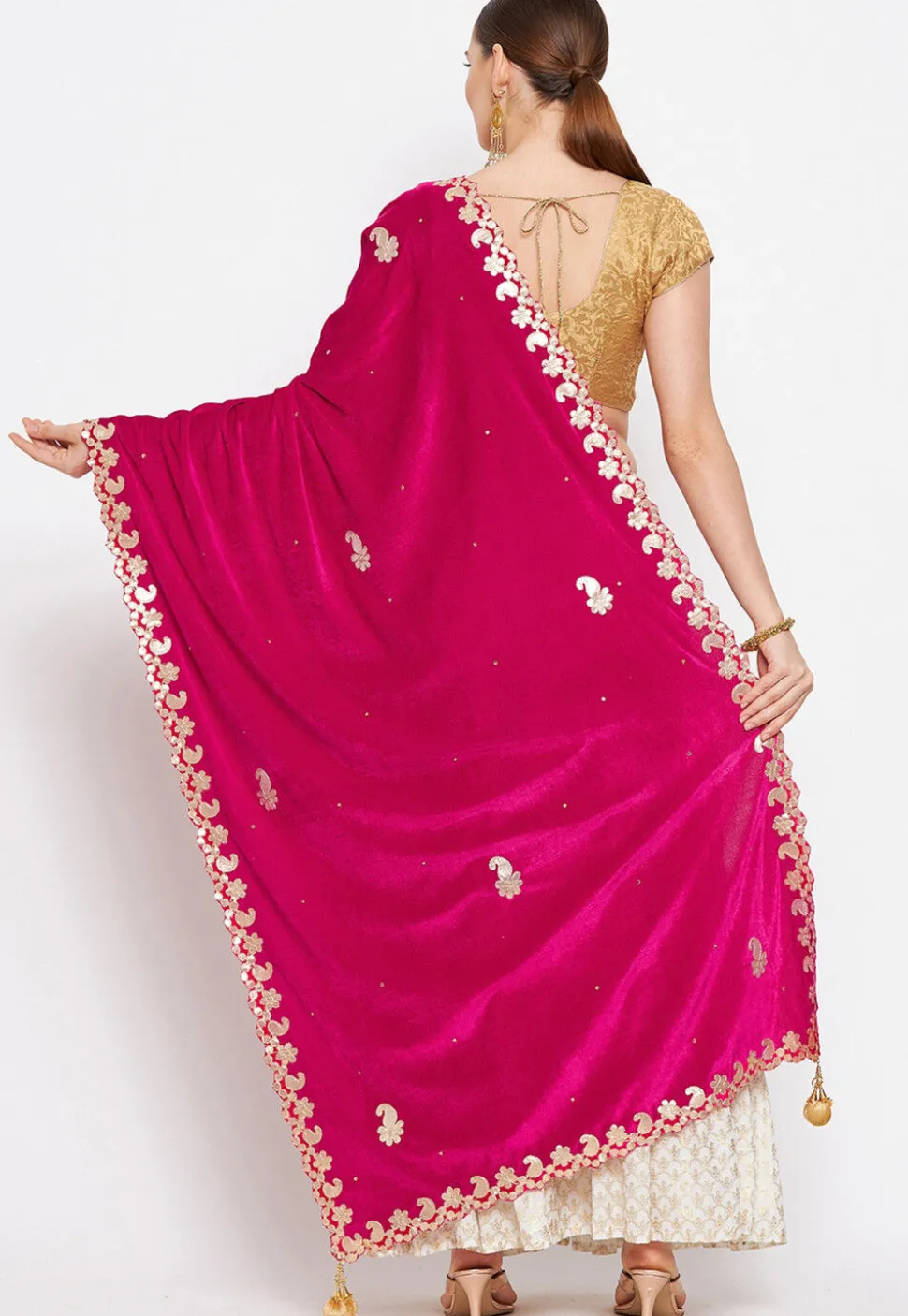 Embroidered Velvet Dupatta in Fuchsia