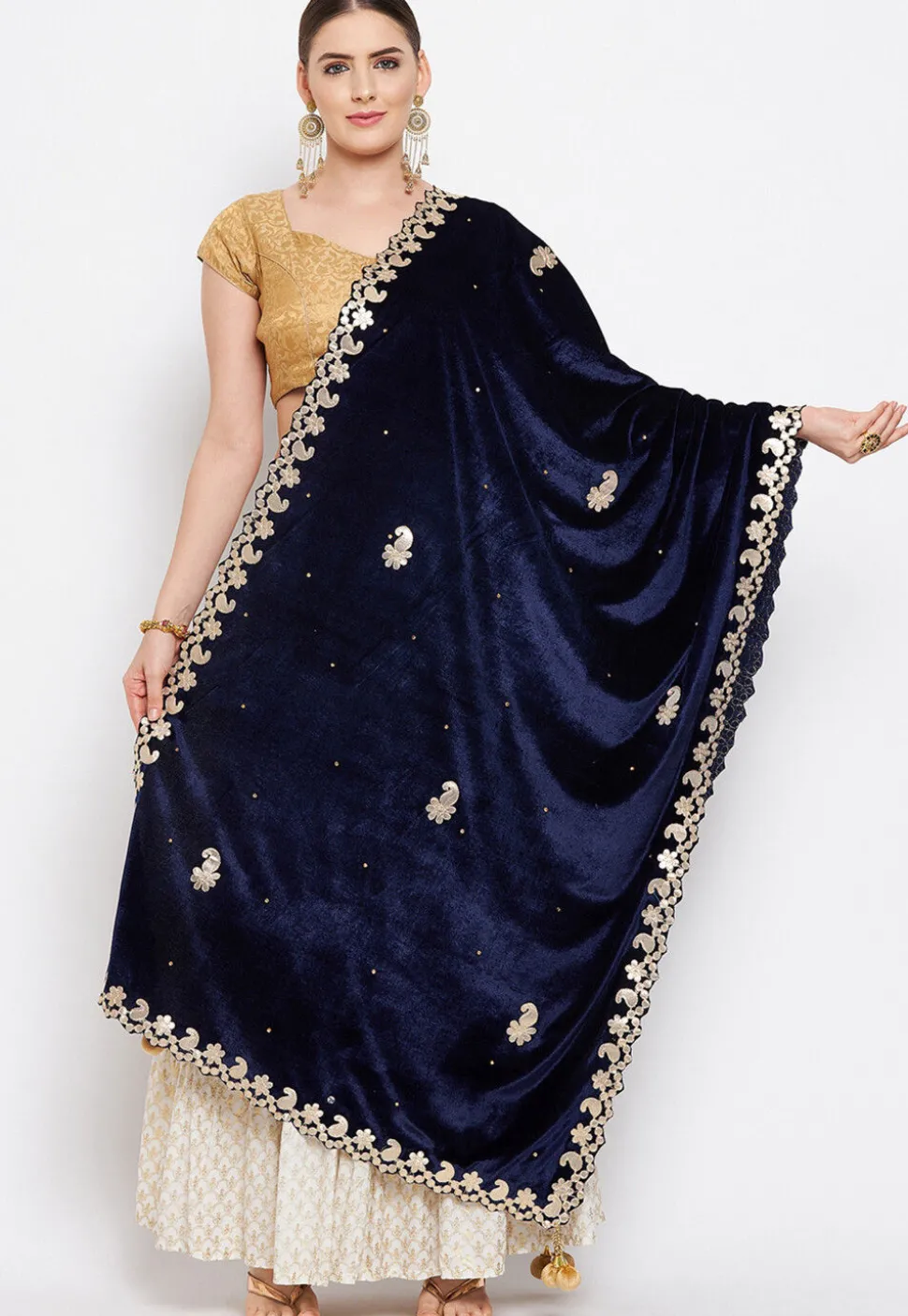 Embroidered Velvet Dupatta in Navy Blue