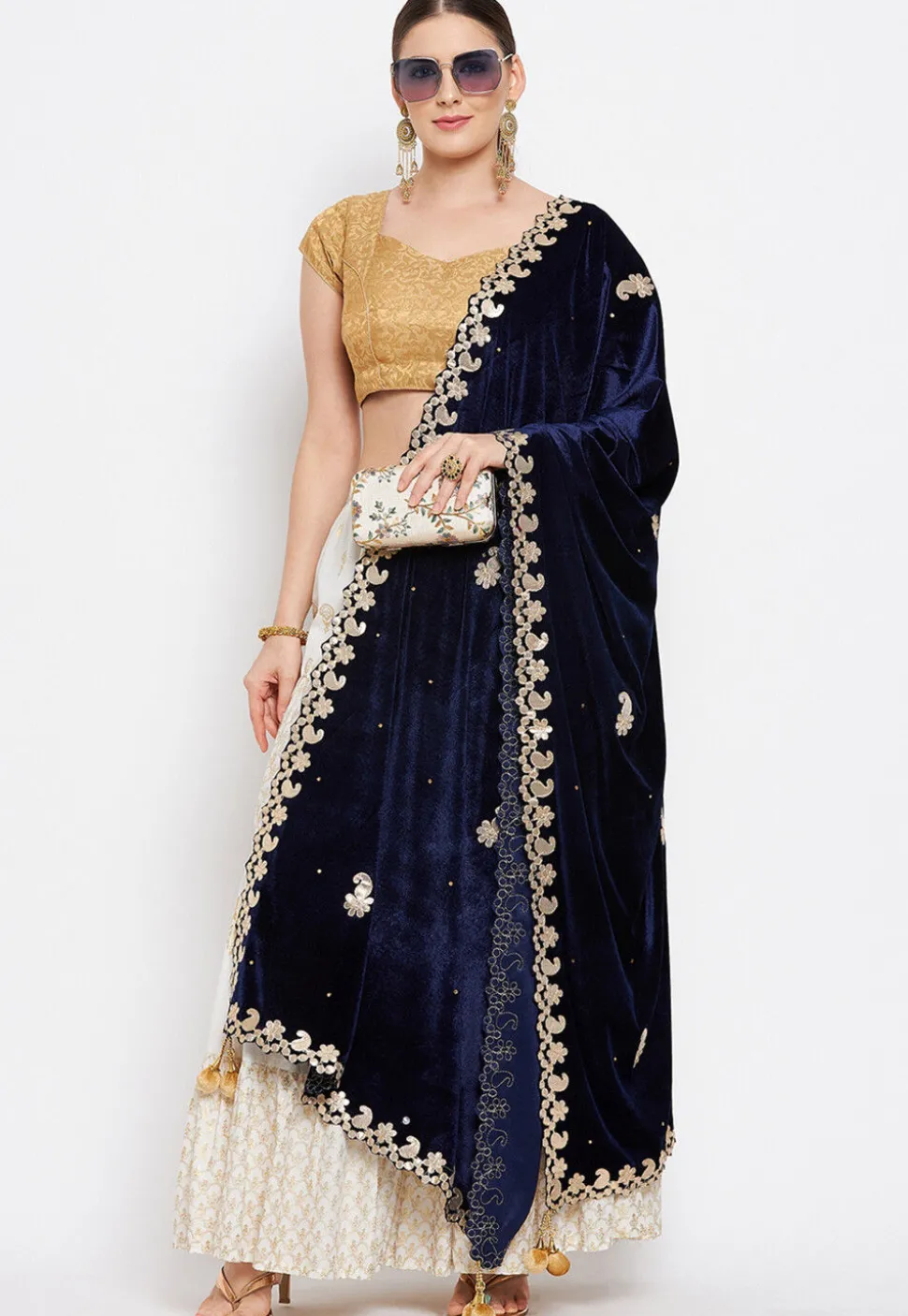 Embroidered Velvet Dupatta in Navy Blue