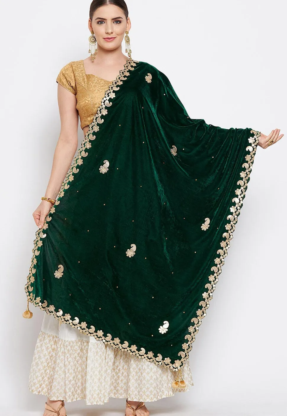 Embroidered Velvet Dupatta in Dark Green