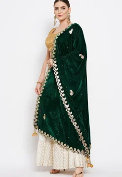 Embroidered Velvet Dupatta in Dark Green