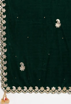 Embroidered Velvet Dupatta in Dark Green