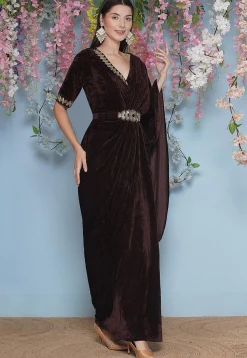Embroidered Velvet Gown in Brown
