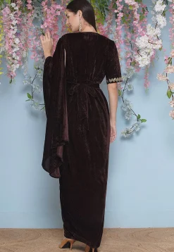 Embroidered Velvet Gown in Brown