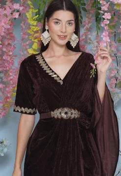 Embroidered Velvet Gown in Brown