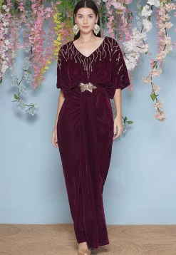 Embroidered Velvet Gown in Wine