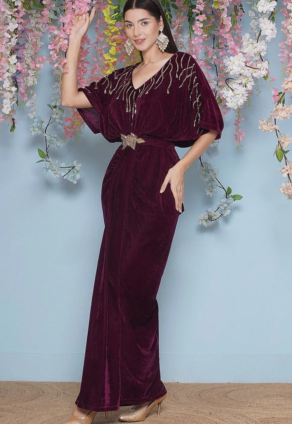 Embroidered Velvet Gown in Wine