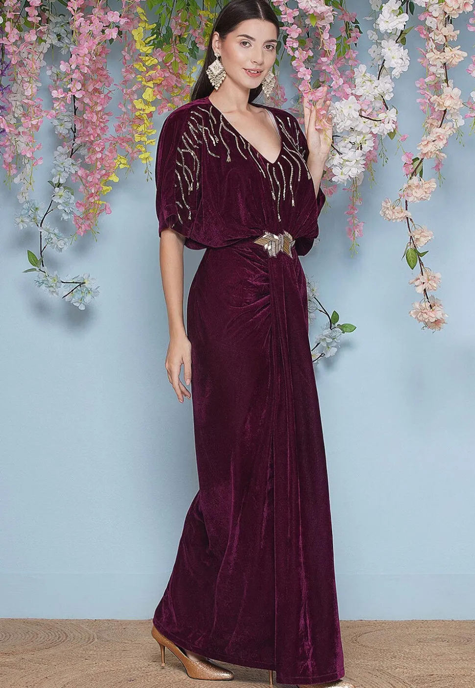 Embroidered Velvet Gown in Wine