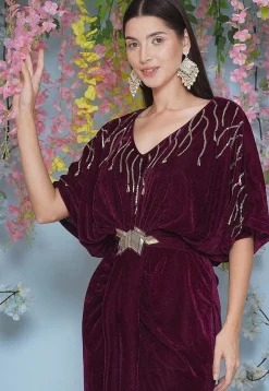 Embroidered Velvet Gown in Wine