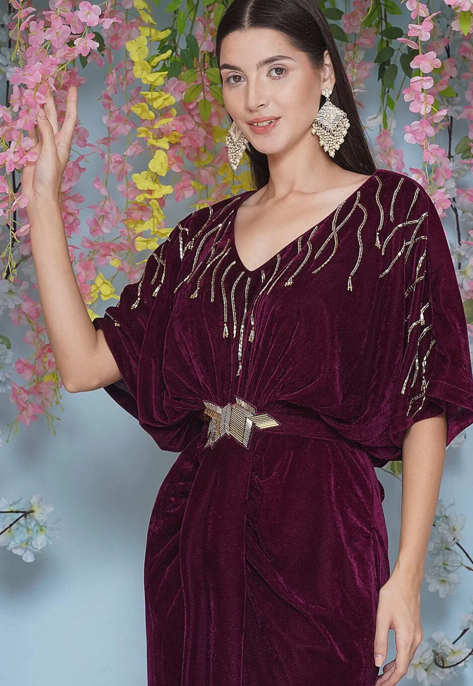 Embroidered Velvet Gown in Wine