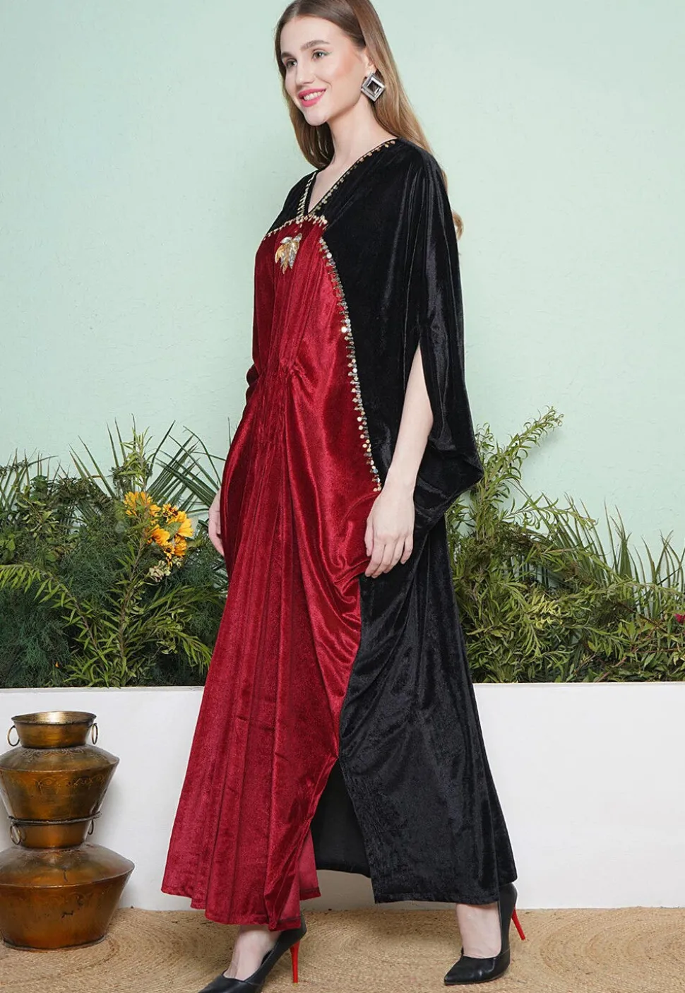 Embroidered Velvet Gown in Black and Maroon