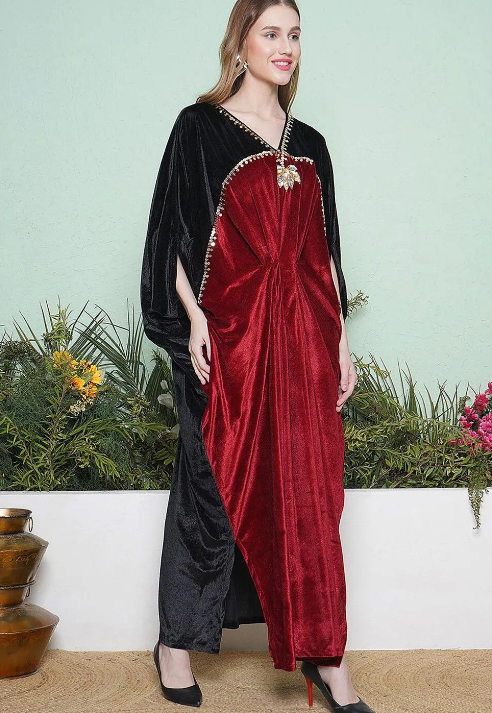 Embroidered Velvet Gown in Black and Maroon