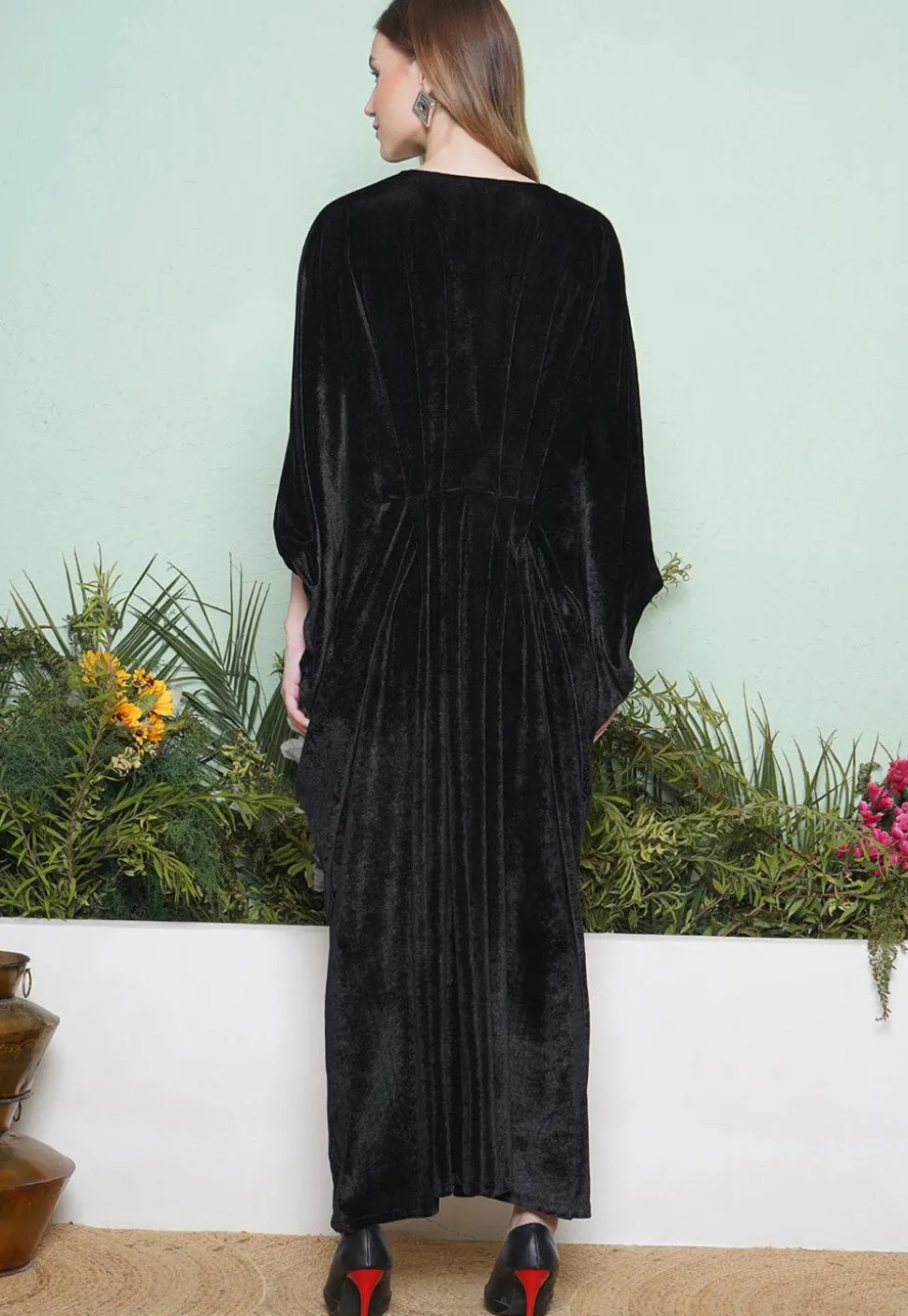 Embroidered Velvet Gown in Black and Maroon