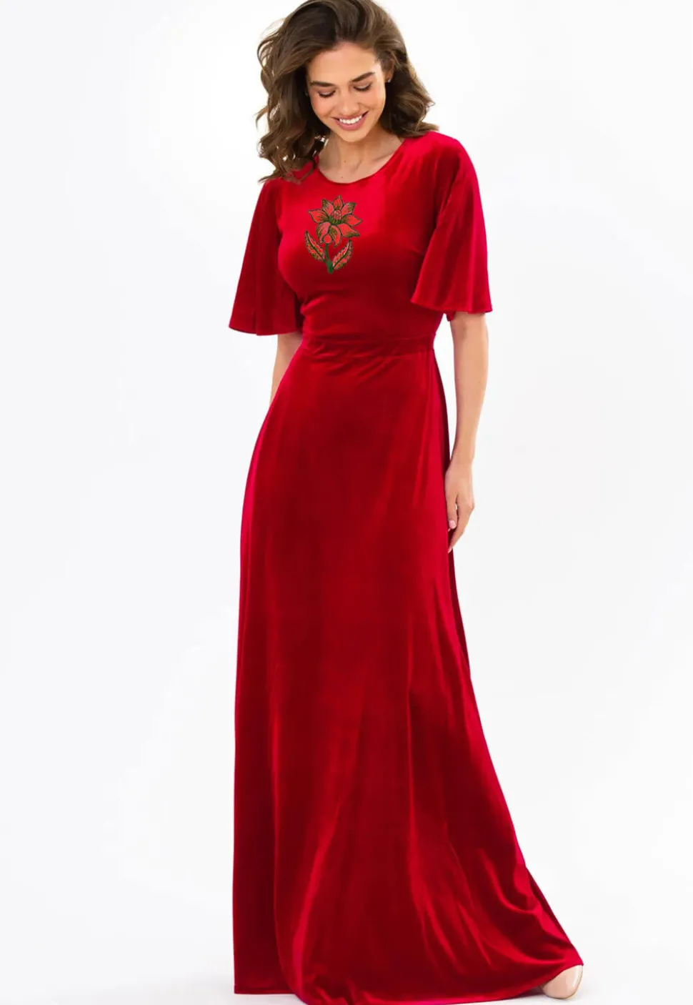 Embroidered Velvet Gown in Red